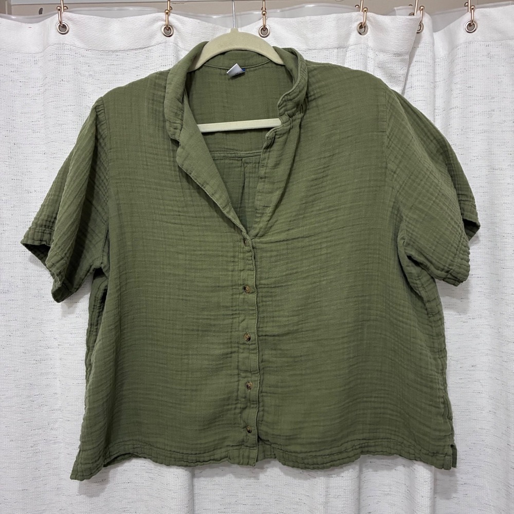 Old Navy Womens Large Olive Green Cotton Double Gauze Short Sleeve Button Up Top
